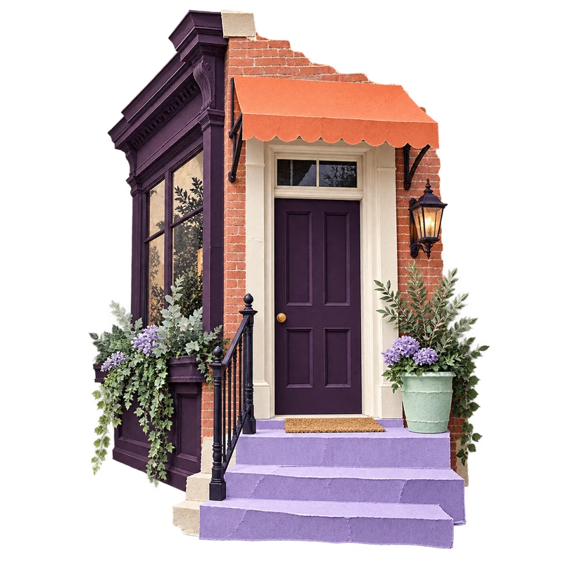 Original layered paper collage of a doorway and shopfront