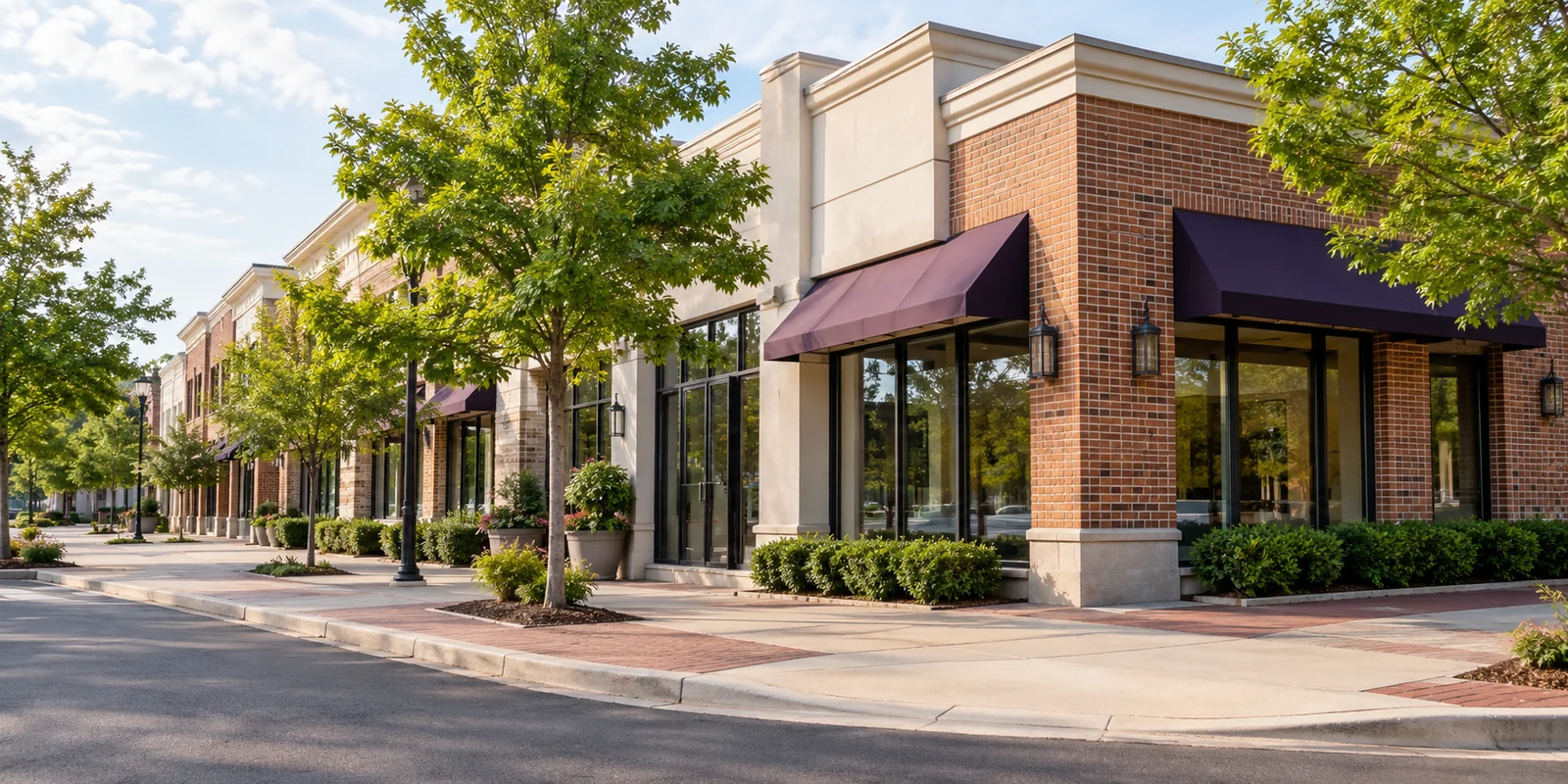 Original representative Mid-Atlantic commercial streetscape with brick storefronts and aubergine awnings