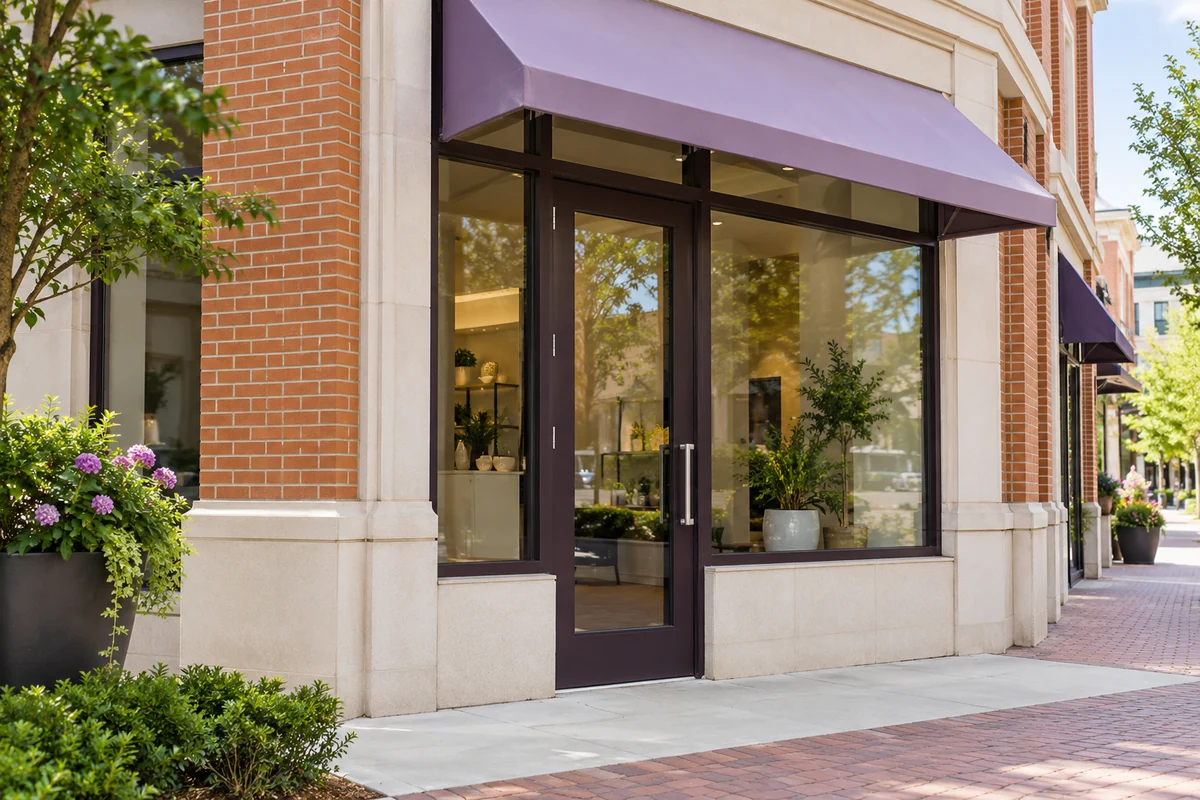 Representative brick shop entrance with a plain awning